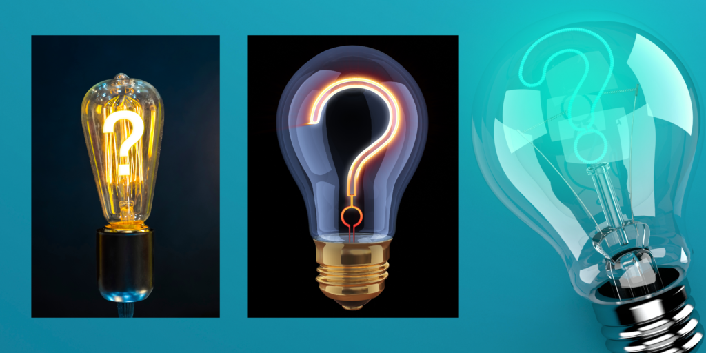 Three glass lightbulbs on a blue/green background. There are question marks in each bulb